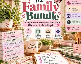 Pacchetto per la casa e la famiglia: tabella delle faccende domestiche, piano dei pasti, cura del cane, agenda giornaliera (PDF)