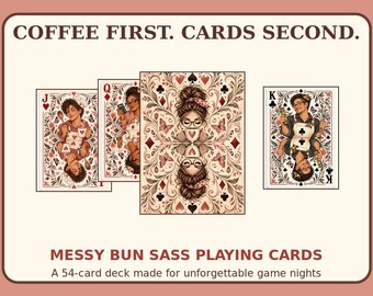 Carte da gioco Messy Bun Sass, mazzo illustrato a tema "Mamma del caffè" (download digitale)
