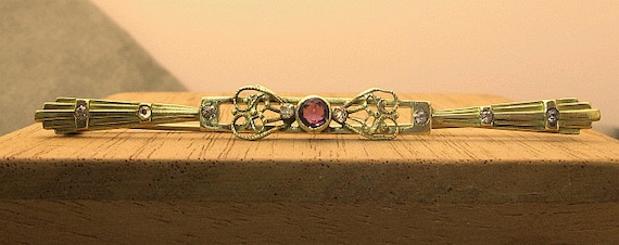 Antique handcrafted bar pin set with zircon and a… - image 1