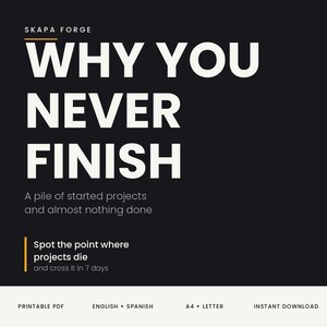 Puede incluir: Un gráfico digital negro con texto blanco que dice SKAPA FORGE, WHY YOU NEVER FINISH, A pile of started projects and almost nothing done, Spot the point where projects die and cross it in 7 days. El texto inferior dice PRINTABLE PDF, ENGLISH + SPANISH, A4 + LETTER, INSTANT DOWNLOAD.