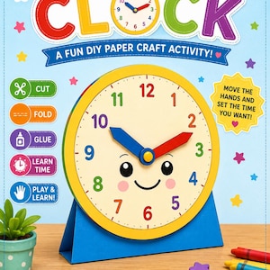 Pode incluir: Um kit de artesanato em papel intitulado MAKE YOUR OWN CLOCK. Apresenta um mostrador de relógio com borda amarela, um rosto sorridente, números coloridos e ponteiros móveis azul e vermelho. Inclui instruções para cortar, dobrar e colar.