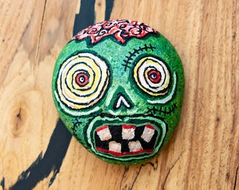 Halloween Green Goblin With Brains Hand Painted Rock Art (4x4.5 inches)