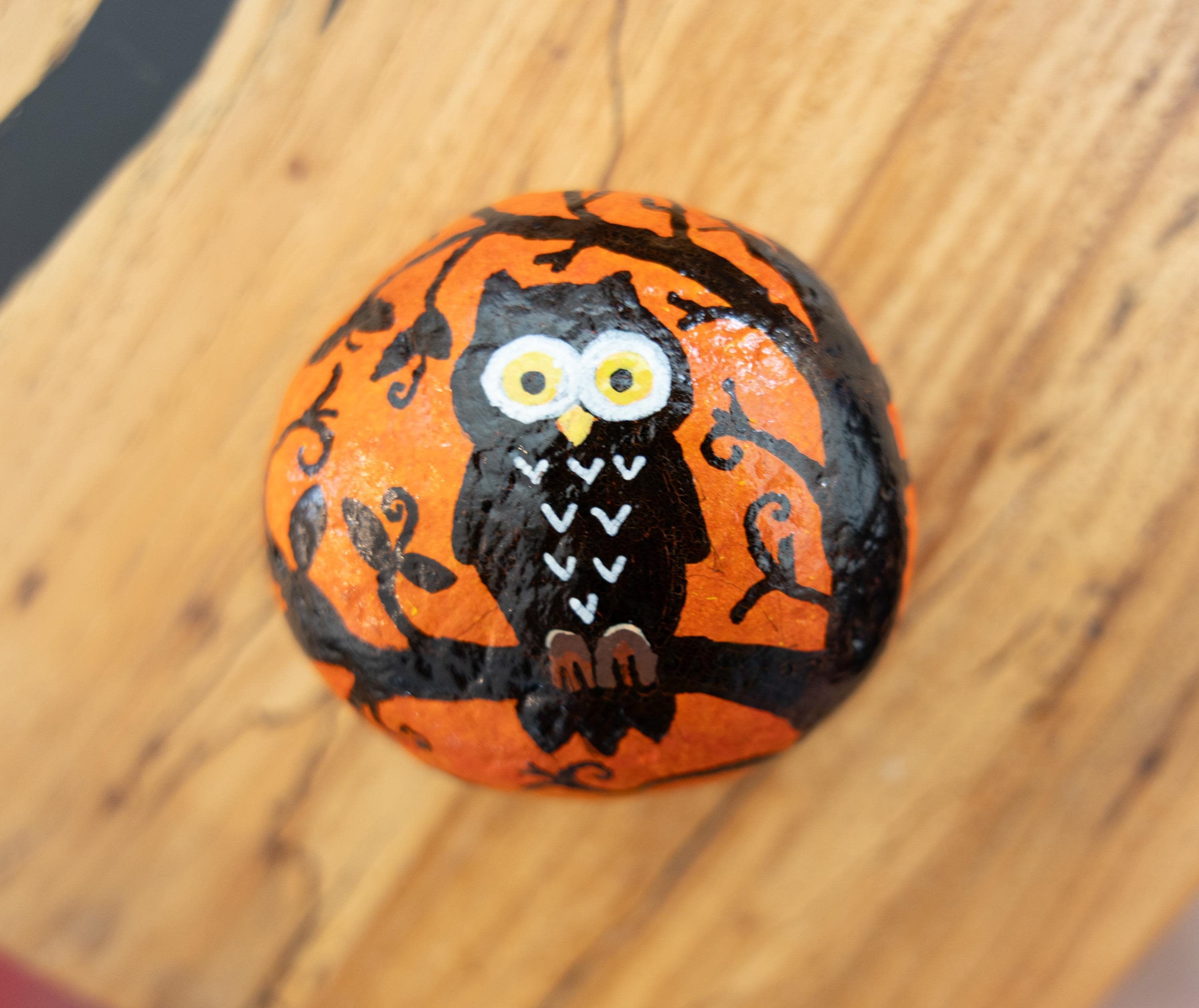 Halloween Owl in Tree Painted Rock Art
