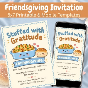 Uitnodiging voor Friendsgiving, vol dankbaarheid, leuke uitnodiging voor een Thanksgiving-potluck, bewerkbare Canva-sjabloon, 5x7 inch en mobiel.