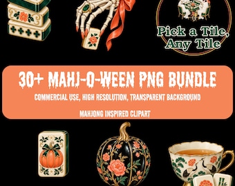 Può includere: Una collezione digitale di grafiche a tema Mahjong che include tessere con disegni floreali e di zucca, una mano scheletrica che tiene una tessera con un nastro rosso, una tazza da tè con illustrazioni di gru e il testo 30+ MAHJ-O-WEEN PNG BUNDLE.