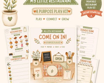 May include: A 15-page printable restaurant play set titled My Little Restaurant, featuring illustrated menus, order pads, and team sheets with a soft color palette of greens, oranges, and creams, designed for interactive pretend play.