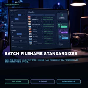 Peut inclure: Un écran d'ordinateur affiche l'interface du logiciel Batch Filename Standardizer en mode sombre, avec des listes de renommage de fichiers et des options d'exportation CSV, PowerShell et Bash. Le texte indique : BATCH FILENAME STANDARDIZER, 100% OFFLINE, NO UPLOADS, INSTANT DOWNLOAD.
