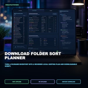 Peut inclure: Une interface logicielle au thème sombre intitulée DOWNLOAD FOLDER SORT PLANNER affichée sur un écran d'ordinateur portable. Le tableau de bord présente des colonnes pour l'inventaire, les règles d'extension et les aperçus de destination.