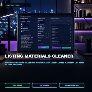 Peut inclure: Un écran d'ordinateur portable affiche l'interface du logiciel Listing Materials Cleaner avec trois colonnes pour l'entrée, la configuration et la sortie. Le tableau de bord sombre présente des listes, des cases et des boutons de traitement.