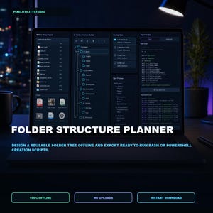 Peut inclure: Une interface logicielle au thème sombre intitulée FOLDER STRUCTURE PLANNER affichée sur un écran d'ordinateur portable. L'interface comprend un générateur d'arborescence, des styles de nommage et des scripts d'exportation Bash et PowerShell. Texte : PIXELUTILITYSTUDIO, 100% OFFLINE, NO UPLOADS, INSTANT DOWNLOAD.