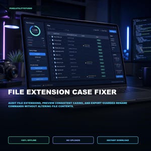 Peut inclure: Un écran d'ordinateur portable affichant l'interface du logiciel File Extension Case Fixer avec un thème sombre. Le tableau de bord présente une liste de fichiers, un résumé d'analyse et des options de casse. Texte : PIXELUTILITYSTUDIO et File Extension Case Fixer.