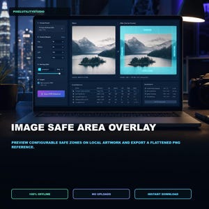 Peut inclure: Un écran d'ordinateur portable affichant l'interface du logiciel PIXELUTILITYSTUDIO pour un outil de superposition de zone de sécurité d'image. Le tableau de bord présente des paramètres pour les préréglages, les marges et les couleurs.