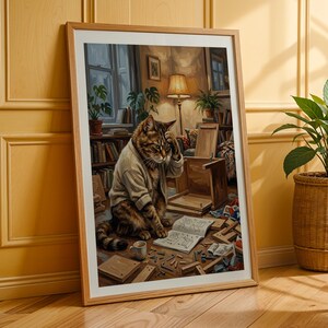 Puede incluir: Una lámina de arte enmarcada que muestra a un gato atigrado marrón con un cárdigan beige, sentado en el suelo rodeado de piezas de muebles de madera, herramientas y un manual de instrucciones. El gato tiene una pata en la cabeza, frustrado.