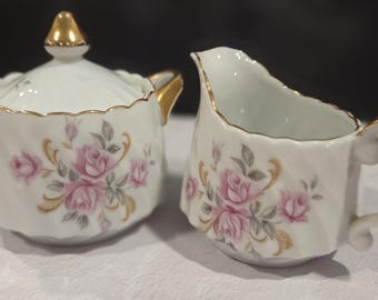 Vintage Lefton China Moss Rose Creamer and Sugar Bowl Set with Lid #3167