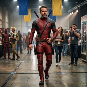 May include: A person wearing a red and black tactical bodysuit with a utility belt, a chest harness, and two swords strapped to the back. The suit features textured panels, knee pads, and holsters on the thighs, worn in a large indoor convention hall.