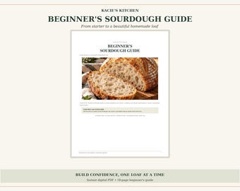 Puede incluir: Una guía digital titulada Kacie's Kitchen Beginner's Sourdough Guide: From starter to a beautiful homemade loaf. El documento presenta una fotografía de una hogaza de pan de masa madre rebanada y texto que detalla instrucciones para hornear.