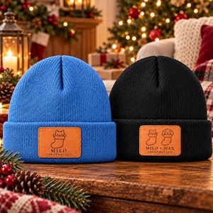 Personalized Pet Name Beanie, Cat or Cat and Dog Leather Patch Hat, Pet Parent Christmas Gift, Custom Winter Knit Hat