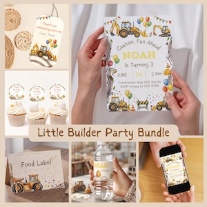 May include: A construction-themed party bundle featuring a birthday invitation, cupcake toppers, food labels, and water bottle stickers. The designs include yellow excavators, colorful balloons, traffic cones, and the text Noah Is Turning 3.