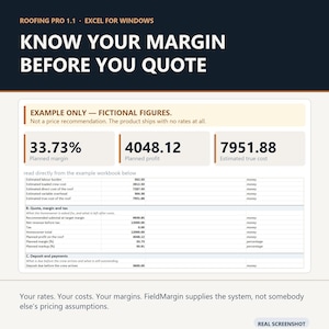 Pode incluir: Uma interface de folha de cálculo digital intitulada Roofing Pro 1.1 Excel for Windows. O ecrã apresenta o texto Know Your Margin Before You Quote, com campos de dados que mostram uma margem planeada de 33,73%, um lucro de 4048,12 e um custo real estimado de 7951,88.