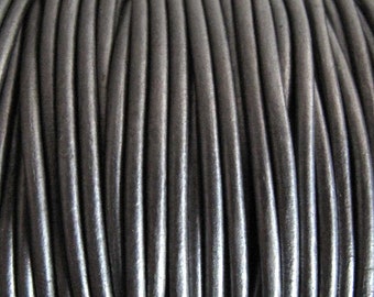 2mm Round Leather Cord Metallic Gunmetal Grey Leather Cord for Jewelry Making, Leather for Necklaces and Wrap Bracelets (3 or 5 YARDS)