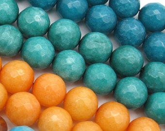 12mm Candy Jade Faceted Round Beads NEW COLORS Teal Green Peach Orange Jade or Crackled Blue Agate 6.5&quot; strand (14 pieces)