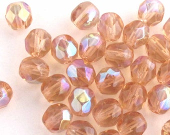 Peach A/B 6 mm Czech Glass Beads Fire Polished Aurora Borealis Round Glass Faceted Beads, Loose Beads 50 - 100 - 600 pieces