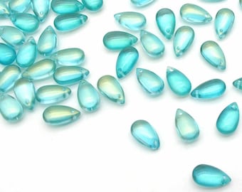 Mermaid Beads Aqua Blue Drops 8x14mm Smooth Glass Teardrop Briolettes, Mermaidcore Iridescent Puffy Drops for DIY Jewelry