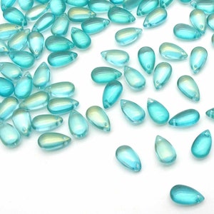 Mermaid Beads Aqua Blue Drops 8x14mm Smooth Glass Teardrop Briolettes, Mermaidcore Iridescent Puffy Drops for DIY Jewelry image 1