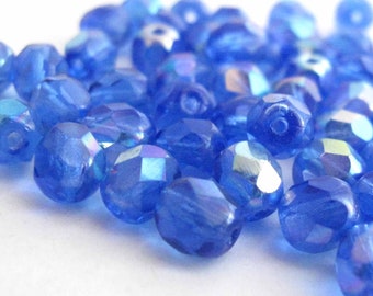 Sapphire A/B 4mm or 6mm Czech Glass Beads - Fire Polished Aurora Borealis Round Royal Blue Faceted Beads, Loose Beads 50 - 100 - 600 pieces