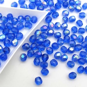 Sapphire A/B 4mm or 6mm Czech Glass Beads - Fire Polished Aurora Borealis Round Royal Blue Faceted Beads, Loose Beads 50 - 100 - 600 pieces