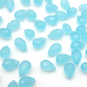 Neon Aqua Blue Hydro Quartz 7.5x11 - 8x12 mm Teardrop Briolette Beads, Simulated Aqua Chalcedony Faceted Milky Blue Drops