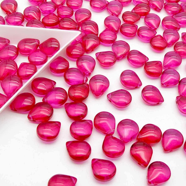 Hot Pink Drop Beads 10x12mm Smooth Glass Teardrop Briolettes, Top Drilled Fuchsia Puffy Drops