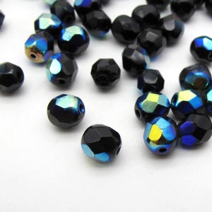 Jet Black A/B 4mm 6mm 8mm Czech Glass Beads - Fire Polished Aurora Borealis Round Glass Faceted Beads, Loose Beads 50 100 pcs or 1/2 mass