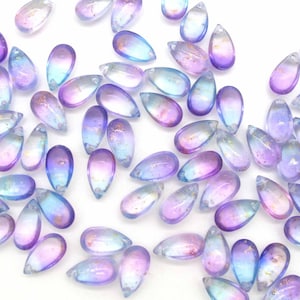 Mermaid Beads Aqua + Purple w/ Gold Glitter 8x14mm Drops Smooth Glass Teardrop Briolettes, Mermaidcore Puffy Drops DIY Jewelry