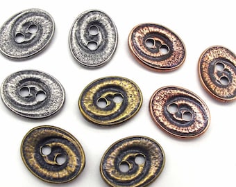 Oval Swirl 2-Hole Metal Buttons Leather Bracelet Clasp TierraCast Antique Brass, Copper, Pewter Hammered Finish 15x19mm ( 3 or 6 pcs)