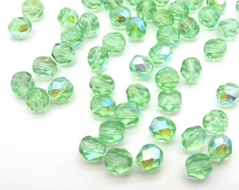 Green Mint A/B 6mm Czech Glass Beads - Fire Polished Aurora Borealis Round Faceted Beads, Light Green Pastel Glass Beads 50 - 100 - 300 pcs