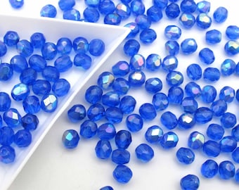 Sapphire A/B 4mm or 6mm Czech Glass Beads - Fire Polished Aurora Borealis Round Royal Blue Faceted Beads, Loose Beads 50 - 100 - 600 pieces