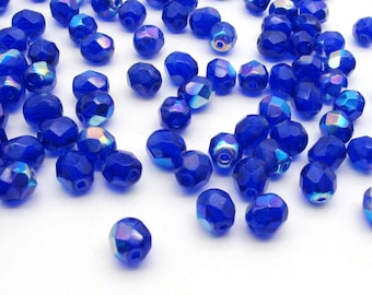 Cobalt Blue A/B 6mm Czech Glass Beads - Fire Polished Aurora Borealis Round Royal Blue Faceted Beads, Loose Beads 50 100 pcs or 1/2 mass