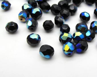Jet Black A/B 4mm 6mm 8mm Czech Glass Beads - Fire Polished Aurora Borealis Round Glass Faceted Beads, Loose Beads 50 100 pcs or 1/2 mass