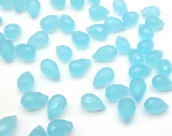 Neon Aqua Blue Hydro Quartz 7.5x11 - 8x12 mm Teardrop Briolette Beads, Simulated Aqua Chalcedony Faceted Milky Blue Drops