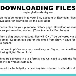 Pu&ograve; includere: Un cartello di avvertimento giallo con un punto esclamativo e il testo "Devi essere connesso al tuo account Etsy su Etsy.com (i file non sono disponibili per il download tramite l'app Etsy)". Una mano gialla che punta a destra con il testo "Accedi ai file sulla tua pagina della cronologia degli acquisti. Scarica tutte le volte che vuoi, per sempre. (Il tuo account > Acquisti)". Un cartello di avvertimento giallo con un punto esclamativo e il testo "Quando utilizzi il checkout come ospite, i file saranno consegnati SOLO tramite un link in un'e-mail. Tieni d'occhio questa e-mail da Etsy, + salvala per l'accesso futuro.". Un cartello di avvertimento giallo con un punto esclamativo e il testo "Non utilizzare l'e-mail anonima di Apple come e-mail del tuo account Etsy per acquistare file digitali su Etsy!". Una mano gialla che punta a destra con il testo "Se i file vengono consegnati in un formato .zip, dovrai decomprimere il file per accedere ai download al suo interno.". Una mano gialla che punta a destra con il testo "Contattami per assistenza se hai problemi, prima o dopo il download."
