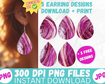 Sublimation Earring Designs PNG PRINTABLE Teardrop Earring Magenta Watercolor Agate Hot Pink Digital Collage Sheet Tear Drop Earrings File