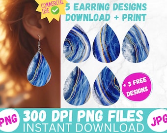 Sublimation Earring Designs PRINTABLE Teardrop Earring PNG Royal Blue Watercolor Agate Digital Collage Sheet Tear Drop Earrings Instant File