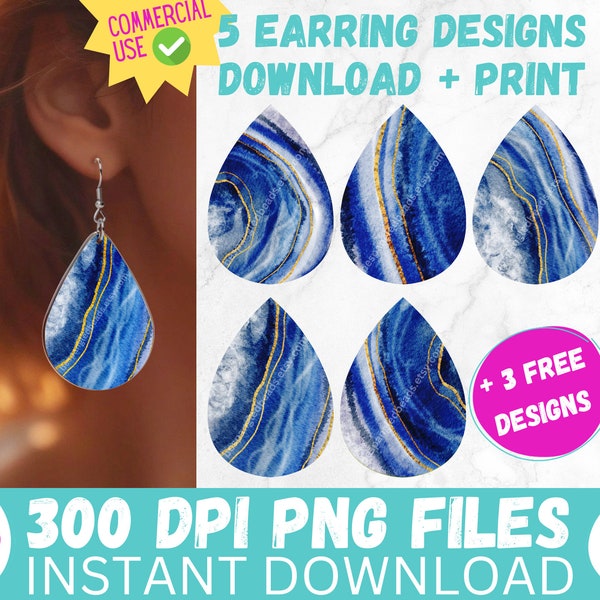 Sublimation Earring Designs PRINTABLE Teardrop Earring PNG Royal Blue Watercolor Agate Digital Collage Sheet Tear Drop Earrings Instant File