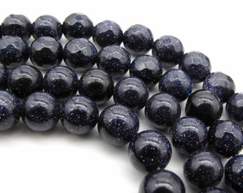 Blue Goldstone 7.5-8mm Round Smooth or Faceted Beads (one strand) Dark Navy Blue with Copper flecks