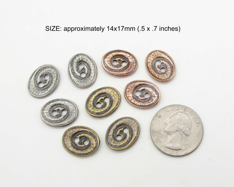 May include: Nine oval-shaped metal buttons with a textured surface and two holes. The buttons are in various shades of silver, copper, and bronze. The buttons are approximately 14x17mm (0.5 x 0.7 inches).
