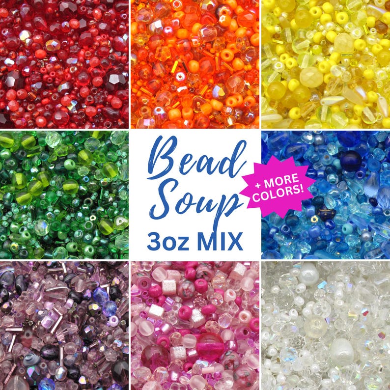 K&ouml;nnte beinhalten: Eine Sammlung verschiedener Perlen in Rot, Orange, Gelb, Gr&uuml;n, Blau, Lila, Pink und Wei&szlig;, farblich sortiert in einem Raster. Das mittlere Quadrat enth&auml;lt den Text Bead Soup 3oz MIX und einen pinken Stern mit + MORE COLORS!.