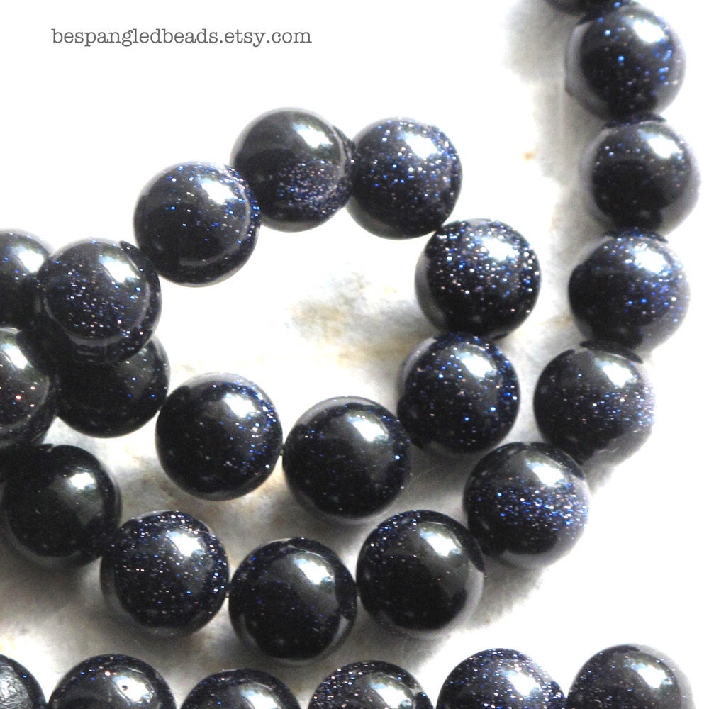 Blue Goldstone 8mm Round Smooth Beads (one strand) Dark Navy Blue with Copper flecks "Starry
