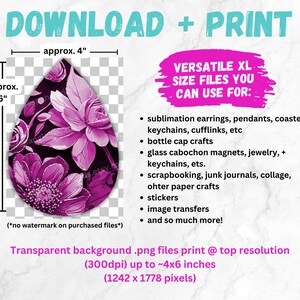 Magenta Spring Flower Earrings Sublimation Designs 3D Florals PRINTABLE Teardrop Earring PNG Digital Collage Sheet Tear Drop Earring Instant image 3