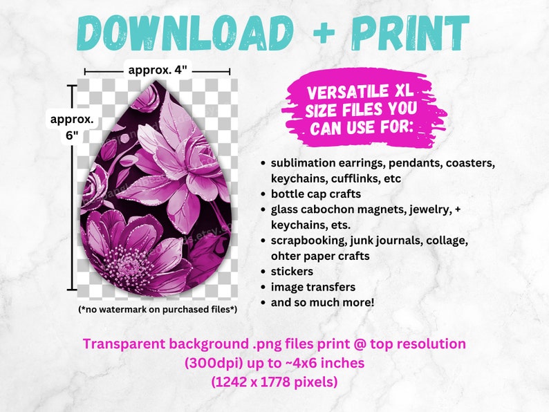 Magenta Spring Flower Earrings Sublimation Designs 3D Florals PRINTABLE Teardrop Earring PNG Digital Collage Sheet Tear Drop Earring Instant image 3